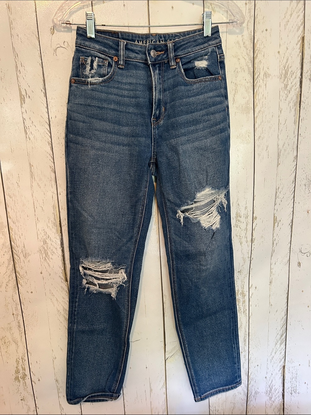 American Eagle Outfitters Distressed Mom Straight Jeans - Dark Blue